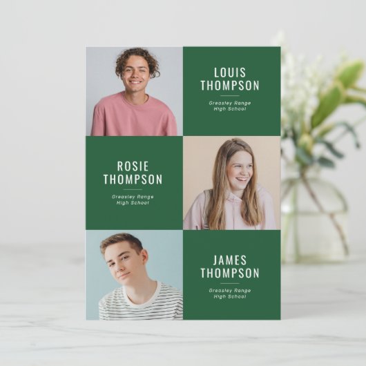 Drievoudig Afstudeerder 3 Foto Green Graduparty Kaart (Staand voorkant)