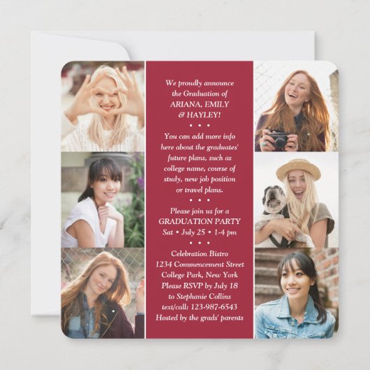 Drievoudig Afstuderen Fotocollage Rood & Wit Gewri Aankondiging (Achterkant)