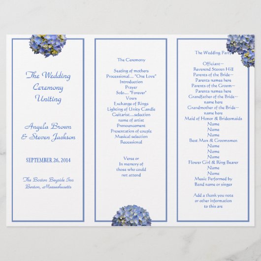 Drievoudig blauwe huwelijksceremonieprogramma (Voorkant)