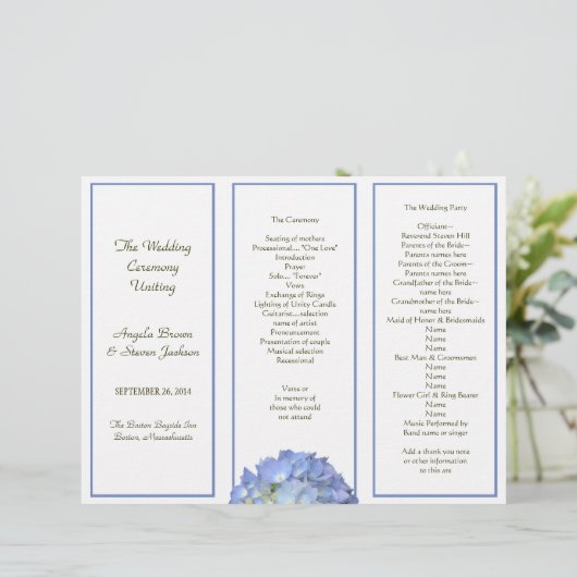 Drievoudig, Blue Hydrangea Wedding Programme (Staand voorkant)