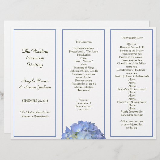 Drievoudig, Blue Hydrangea Wedding Programme (Voorkant / Achterkant)