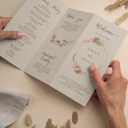 Drievoudig boho bloem bruiloftsprogramma Flyer
