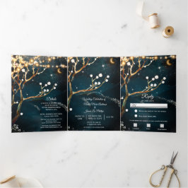 Drievoudig bruiloft rond Rustic Evening Tree Light Drieluik Uitnodiging