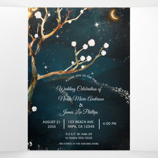 Drievoudig bruiloft rond Rustic Evening Tree Light Drieluik Uitnodiging (Binnenkant midden)