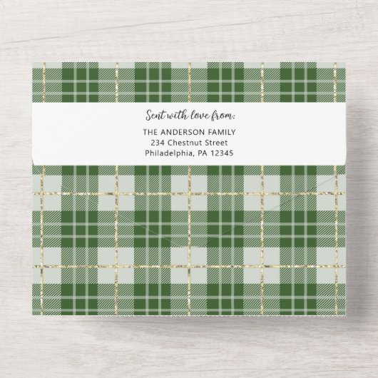 Drievoudig kerstfotokaartje voor groene speldenfam all in one uitnodiging (Achterkant)