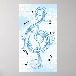 drievoudig kloon Blauw scrollwork sol note key pos Poster