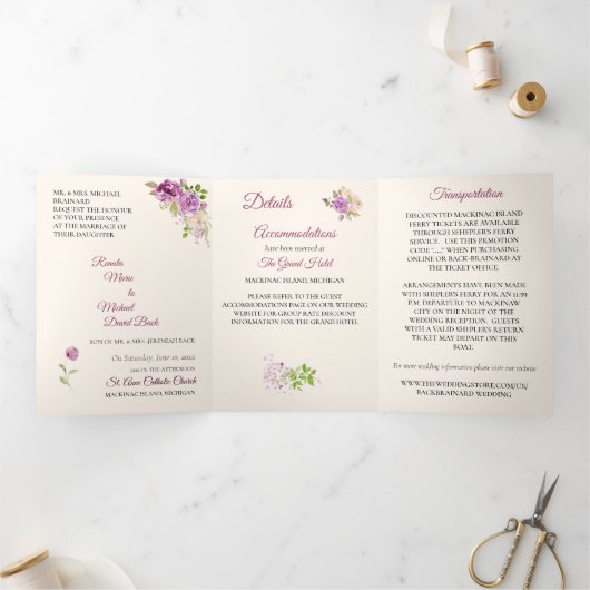 Drievoudig Lila Roos Weddenschap Drieluik Uitnodiging (Binnen)