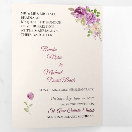 Drievoudig Lila Roos Weddenschap Drieluik Uitnodiging (Binnenzijde eerst)