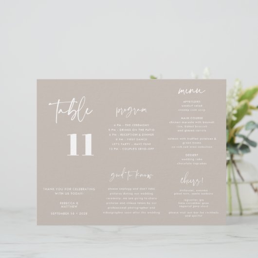 Drievoudig Taupe Wedding Menu (Staand voorkant)