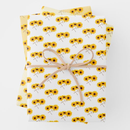 Drievoudig zonnebloempatroon boven wit geel Sinaas Inpakpapier Vel (In situ)