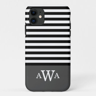 Drievoudig zwart monogram grijs witte strepen iPhone 11 hoesje