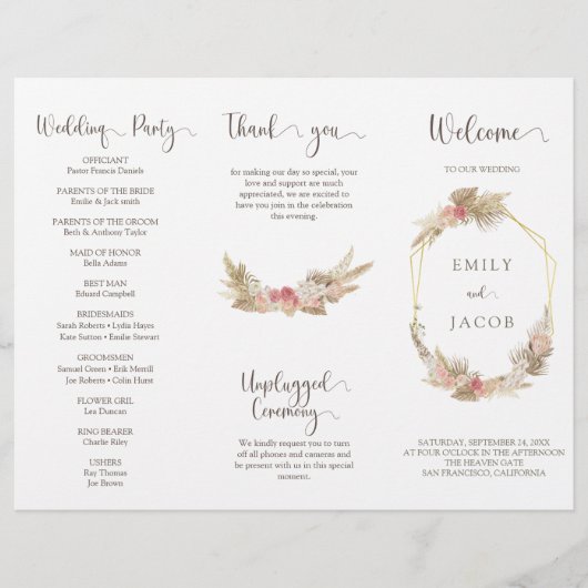 Drievoudige boho bloemenbruiloft programma Flyer (Voorkant)