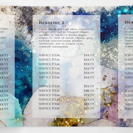 Drievoudige brochure waterverf blauwe goudglitter drieluik kaart (Binnenkant midden)