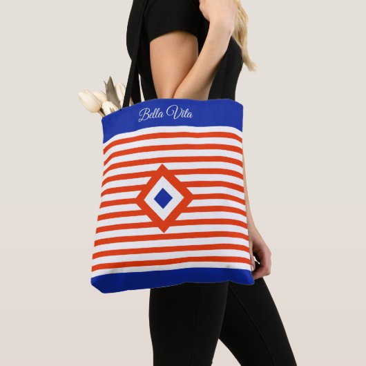Drievoudige Diamant op Rode & Witte Strepen Tote Bag (Dichtbij)
