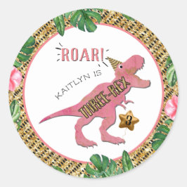 Drievoudige Dinosaur 3de verjaardag Klassieke Rond Ronde Sticker
