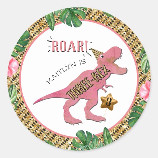 Drievoudige Dinosaur 3de verjaardag Klassieke Rond Ronde Sticker (Voorkant)