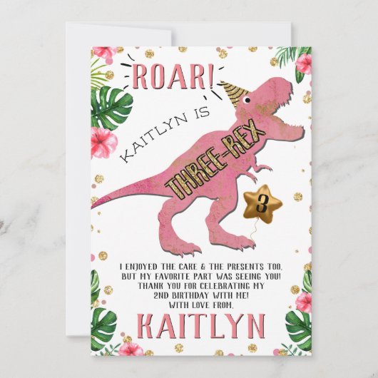 Drievoudige Dinosaur 3e verjaardag Hartelijk dank Bedankkaart (Voorkant)