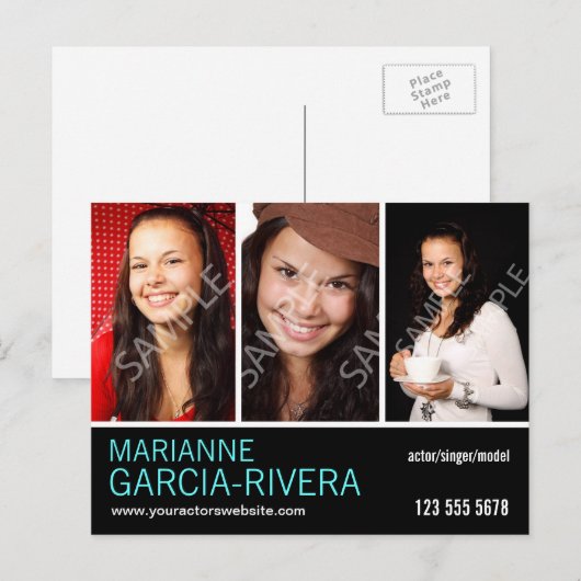 Drievoudige hoofdfoto van Actor Briefkaart (Voorkant / Achterkant)