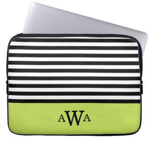 Drievoudige Letter Monogram Groen Zwart Witte Stri Laptop Sleeve