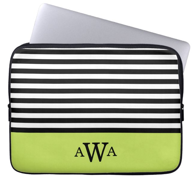Drievoudige Letter Monogram Groen Zwart Witte Stri Laptop Sleeve (Voorkant)