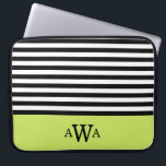 Drievoudige Letter Monogram Groen Zwart Witte Stri Laptop Sleeve<br><div class="desc">Trendy, chic, girly, zwart-wit gestreept patroon met kalkgroene kleurenblokgrens met een drievoudige monogram sjabloon die u gemakkelijk kunt personaliseren met uw eerste, laatste en middelste initiaal letters.</div>