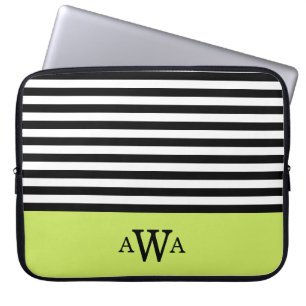 Drievoudige Letter Monogram Groen Zwart Witte Stri Laptop Sleeve
