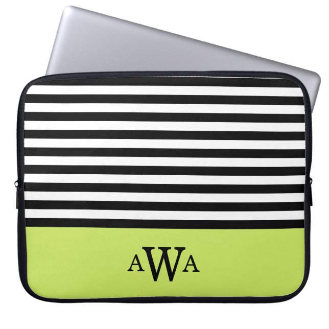 Drievoudige Letter Monogram Groen Zwart Witte Stri Laptop Sleeve (Voorkant)