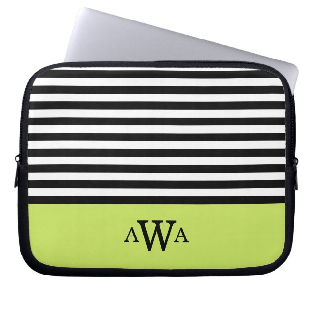 Drievoudige Letter Monogram Groen Zwart Witte Stri Laptop Sleeve (Voorkant)