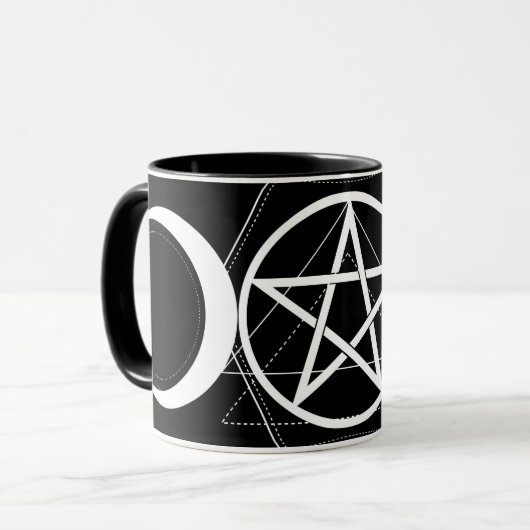 Drievoudige Maan Geometrie Pentagram Zwart & Wit W Mok (Voorkant links)