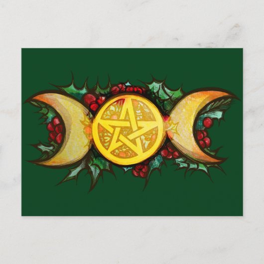 Drievoudige Maan Holly Yule Art Briefkaart (Voorkant)