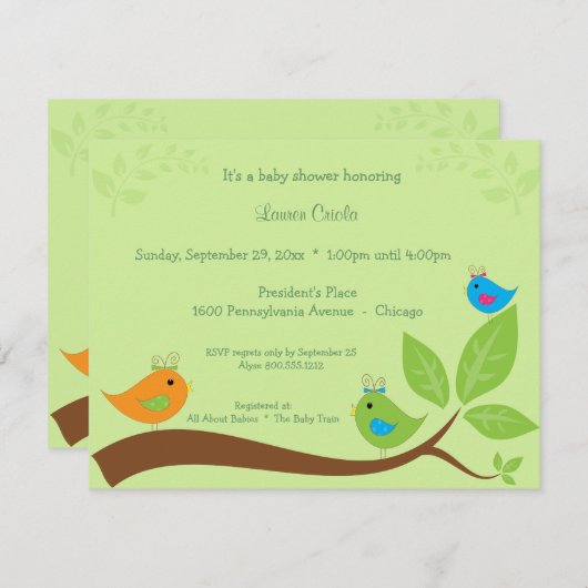 Drievoudige uitnodiging tot Baby shower van vogels (Voorkant / Achterkant)