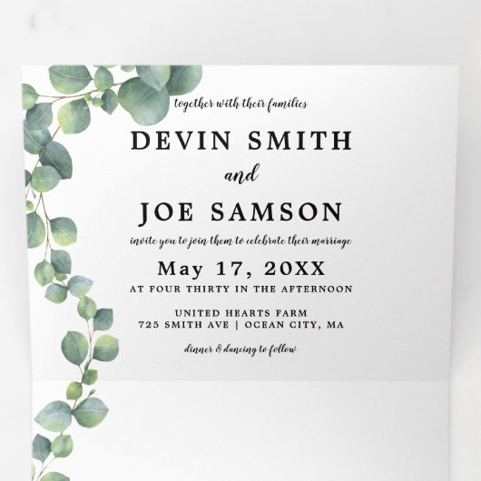 Drievoudige Waterverf Greenery Wedding Invitation Drieluik Uitnodiging (Binnenzijde eerst)