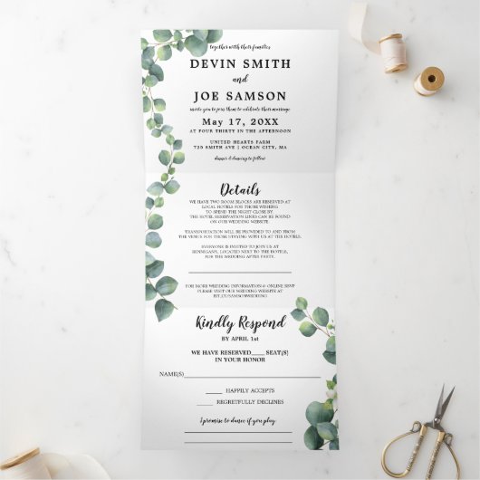 Drievoudige Waterverf Greenery Wedding Invitation Drieluik Uitnodiging (Binnen)