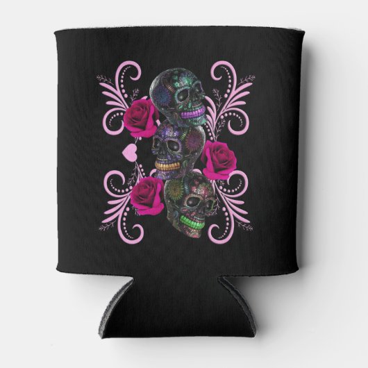 Drievoudige zwarte dag van de dode schedels roze r blikjeskoeler (Voorkant)