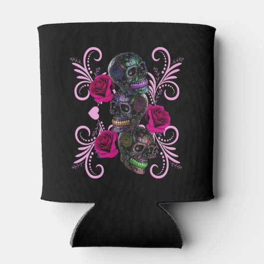Drievoudige zwarte dag van de dode schedels roze r blikjeskoeler (Achterkant)