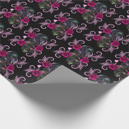 Drievoudige zwarte dag van de dode schedels roze r cadeaupapier (Hoek)