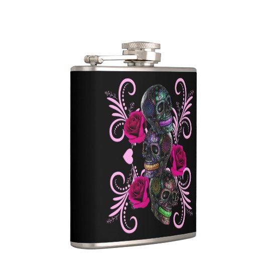 Drievoudige zwarte dag van de dode schedels roze r heupfles (Rechts)