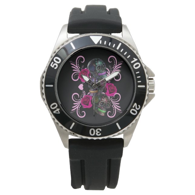 Drievoudige zwarte dag van de dode schedels roze r horloge (Voorkant)