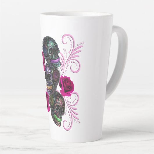 Drievoudige zwarte dag van de dode schedels roze r latte mok (Rechterhoek)