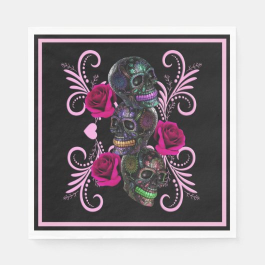 Drievoudige zwarte dag van de dode schedels roze r servet (Voorkant)