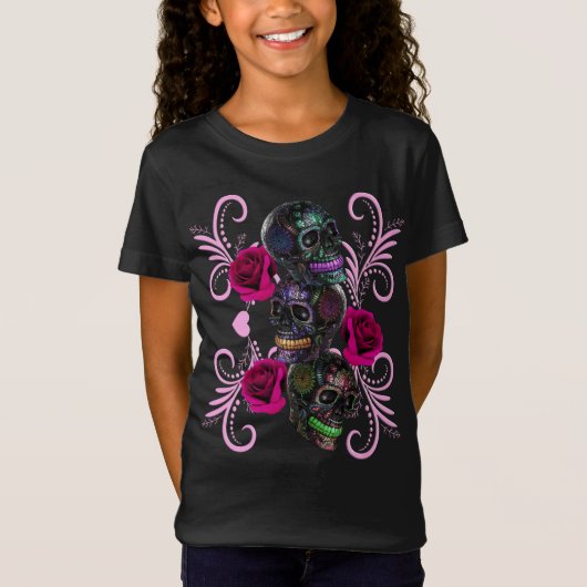 Drievoudige zwarte dag van de dode schedels roze r t-shirt (Voorkant)
