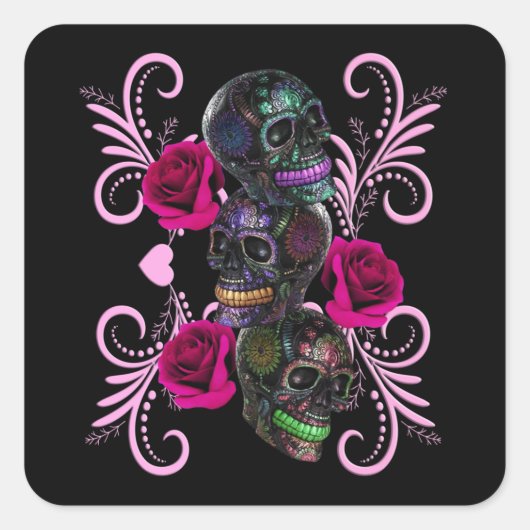 Drievoudige zwarte dag van de dode schedels roze r vierkante sticker (Voorkant)