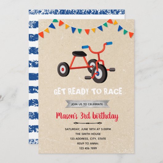 driewieler fietsuitnodiging bedankkaart (Voorkant / Achterkant)