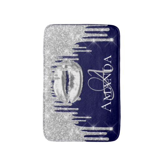 Drift Zilveren Glitter Naam Monogram Navy Badmat (Voorkant Verticaal)