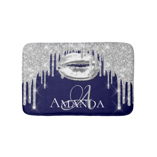 Drift Zilveren Glitter Naam Monogram Navy Badmat (Voorkant)