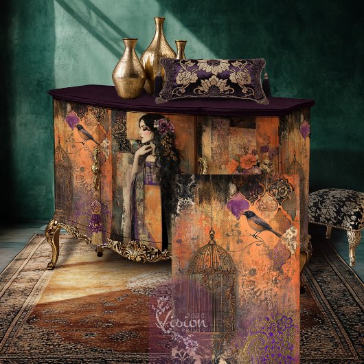 Driftige Boho Vogel & Vogelkooi Patchwork Kunst Tissuepapier