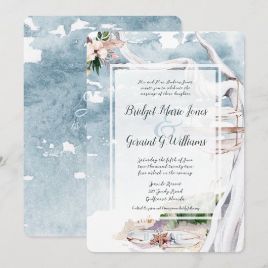 Driftwood Arbor Beach Wedding Invitation Kaart (Voorkant / Achterkant)