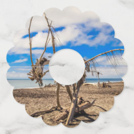 Driftwood artwork on Hokitika Beach, Nieuw-Zeeland Wijnglaslabel