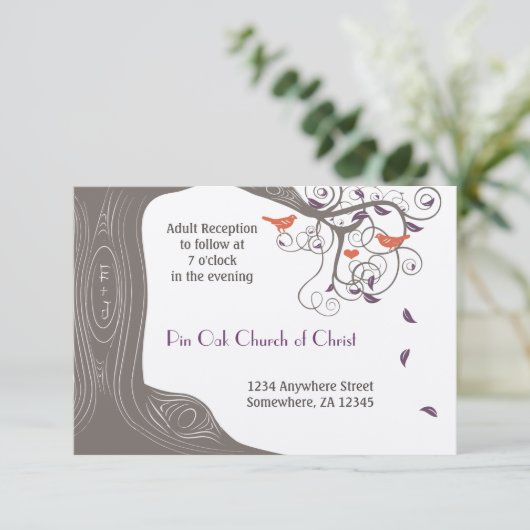 Driftwood Boom Tangerine Birds Paars lef Weddensch Kaart (Staand voorkant)