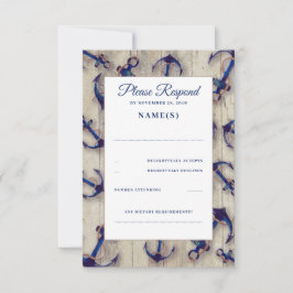 Driftwood- en Navy Blue Anchors Wedding RSVP-kaart RSVP Kaartje